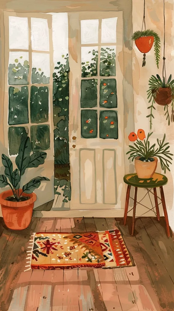 The image is a watercolor painting of a room with a door and two windows. There are plants in front of the door and windows, and a rug on the floor. The painting has a warm and inviting atmosphere.