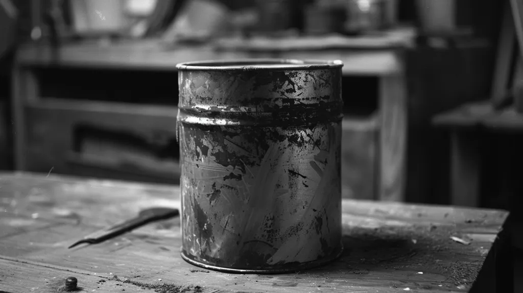 The image is in black and white. There is a paint bucket placed in the center of a wooden table. The paint bucket is old and rusty. There is a paintbrush on the table to the left of the paint bucket. The background is blurry, but it looks like there are some shelves and tools in the background. The image is well-lit, and the shadows are soft.