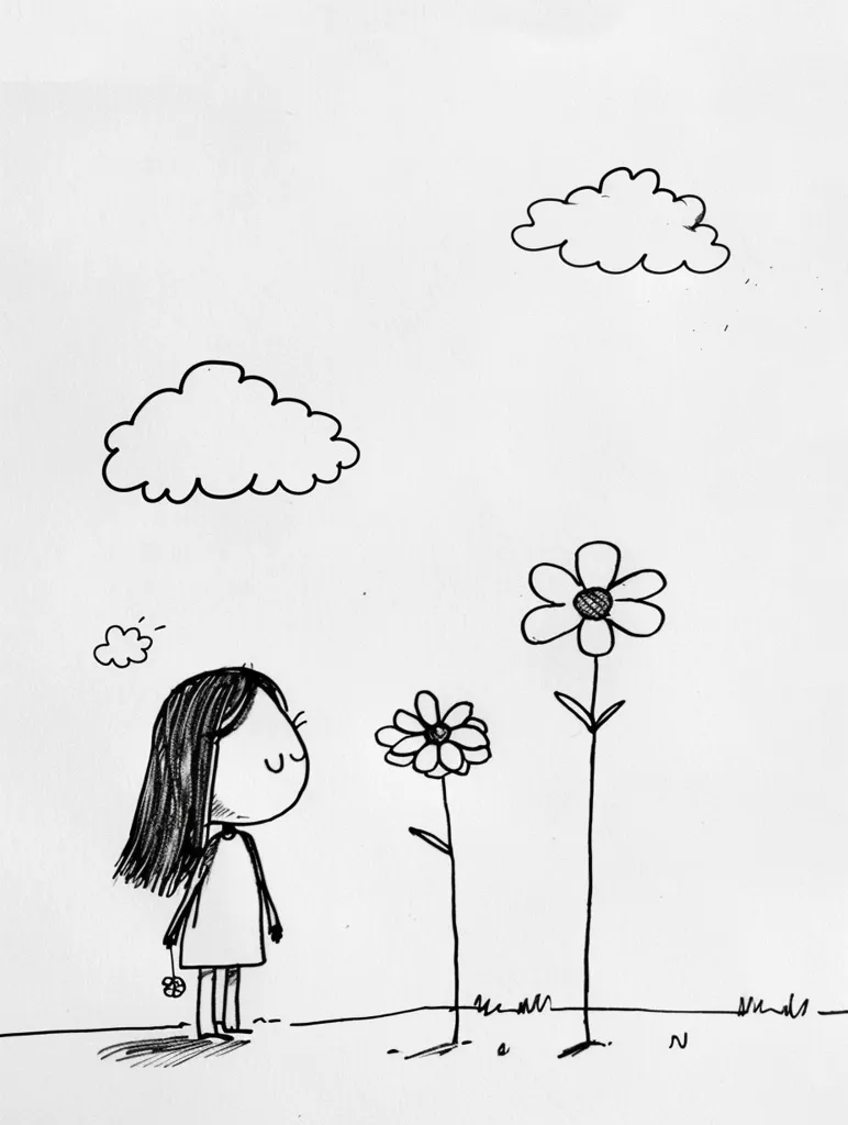 The image is a simple drawing of a girl standing in a field of flowers. The girl is wearing a dress and has long hair. She is looking at the flowers with a smile on her face. There are two clouds in the sky. The drawing is done in black and white.