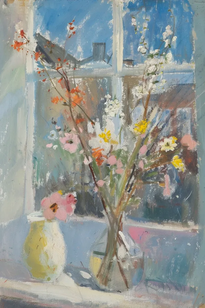 The painting is of a window with a vase of flowers sitting on the ledge. The vase is a pale yellow color and the flowers are mostly white, pink, and yellow. The window is divided into four panes, with the top two panes being blue and the bottom two panes being white. The painting is done in a loose, impressionistic style, with the brushstrokes being clearly visible.