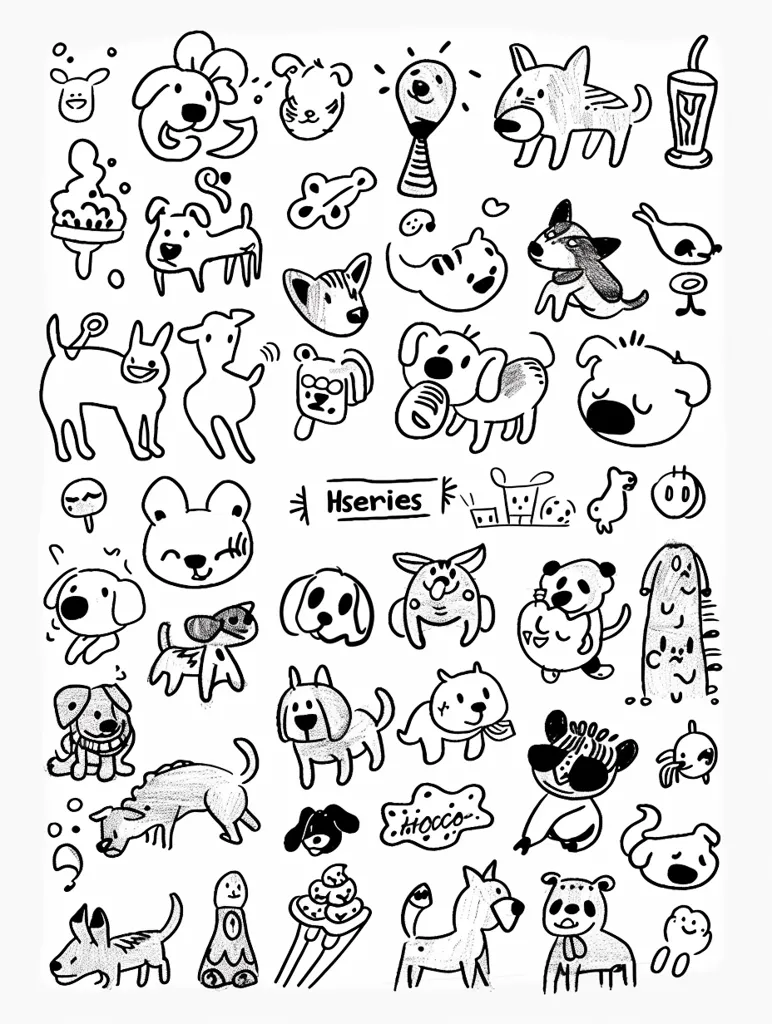 The image contains 41 different dog breeds drawn in a cartoon style. The dogs are all black and white and have simple, childlike features. They are arranged in a grid-like pattern and are all facing the viewer. The dogs are all different shapes and sizes and have different expressions on their faces. Some of the dogs are happy, some are sad, some are playful, and some are serious. The image is drawn in a simple, cartoon style and has a light-hearted, whimsical feel to it.