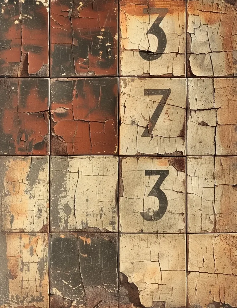 This is a photo of a ceramic tile wall with a number on each tile. The tiles are arranged in a grid pattern. The numbers are 6, 7, and 3. The tiles are cracked and peeling, and the paint is chipping. The wall is in need of repair.