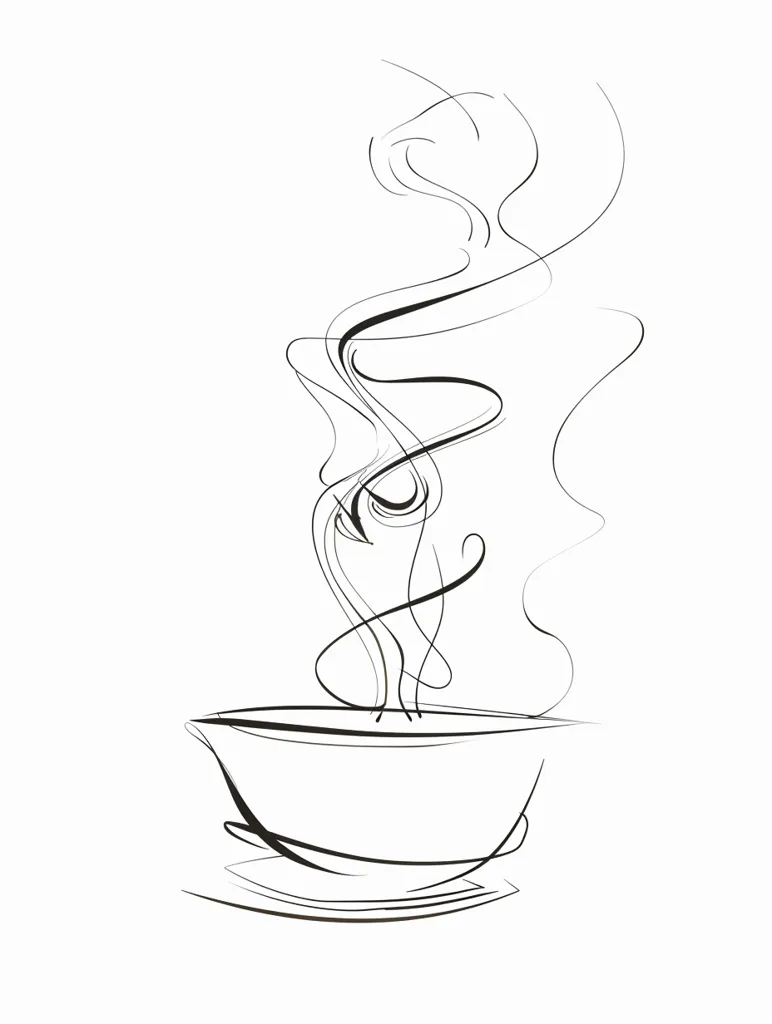 The image is a black and white line drawing of a cup of coffee. The cup is sitting on a saucer. The coffee is steaming. The steam is rising up in a spiral. The lines are simple and elegant. The image is a good example of minimalism.