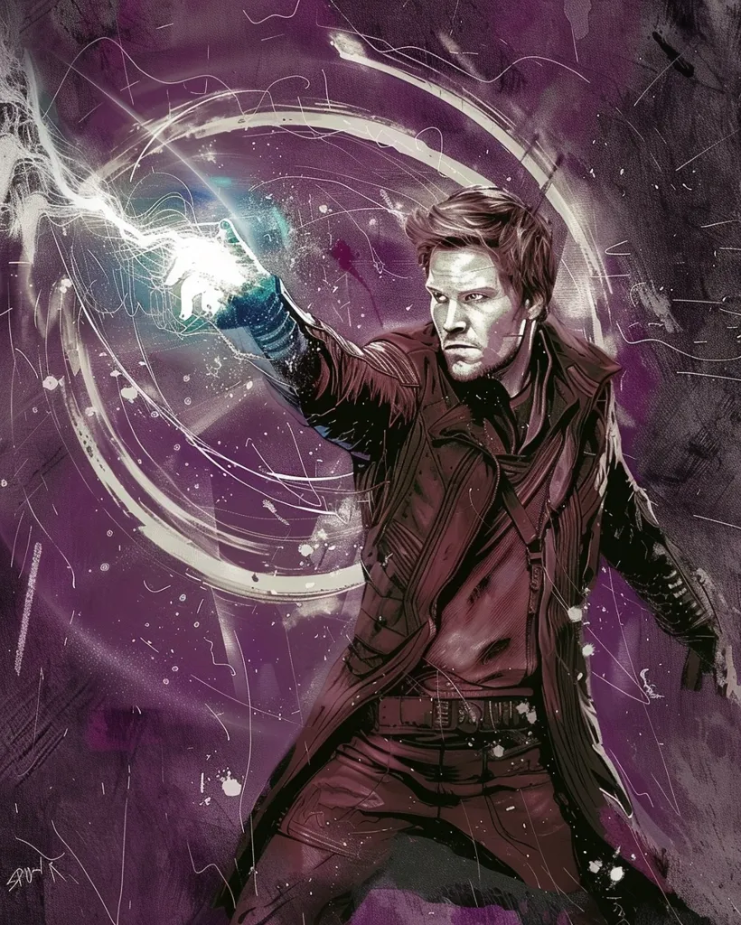 The image is a painting of the character Star-Lord from the Guardians of the Galaxy. He is depicted as a young man with brown hair and blue eyes, wearing a red leather jacket and a black shirt. He is standing with his left hand outstretched,掌心向上, and a small, glowing ball of energy is floating above his hand. The background is a dark purple, with a few streaks of light purple. The painting is done in a realistic style, and the artist has used a variety of techniques to create a sense of depth and texture.
