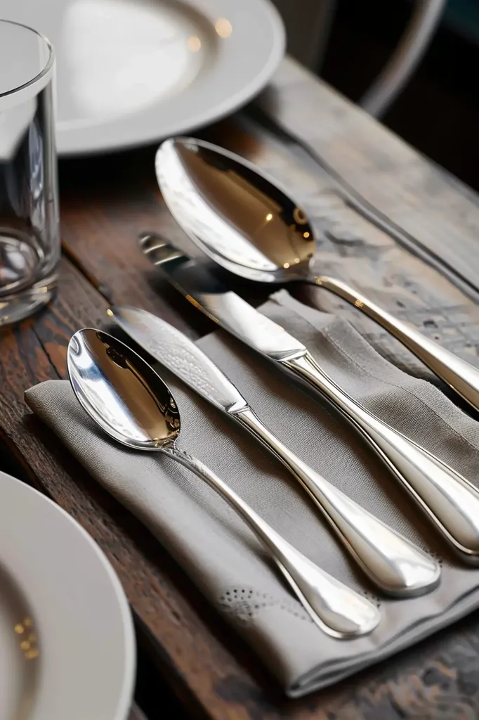 The image shows a place setting on a wooden table. There is a white plate, a glass, and a napkin. The napkin is folded and on top of it are a knife, a fork, and two spoons. The handles of the silverware are shiny and the napkin is gray.