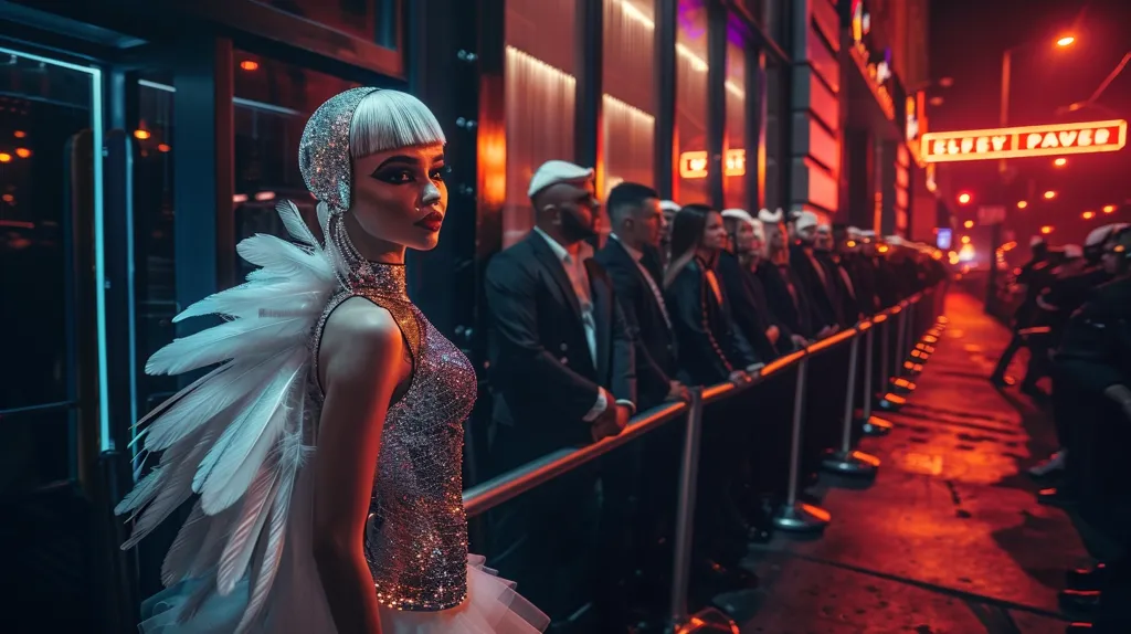 The woman in the picture is wearing a silver dress with a feathered shoulder piece. She has a white and silver headpiece on and is looking at the camera. She is standing in front of a velvet rope with a bouncer standing behind it. There is a line of people waiting to get in behind the bouncer. The woman is standing in front of a building with a red sign that says "Elsey Paver".