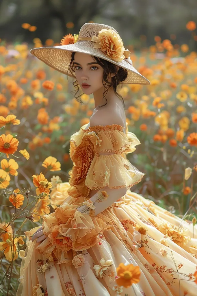 The photo shows a beautiful young woman wearing a yellow dress with a big straw hat with yellow flowers on it. She is standing in a field of yellow flowers and looks like a princess. The photo is very romantic and dreamy.