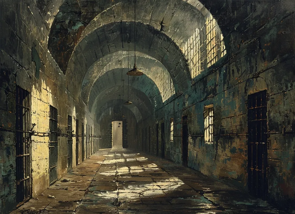 The painting depicts a long, dark prison corridor with arched ceilings and barred windows. The walls are made of rough-hewn stone, and the floor is covered in puddles of water. There is a single light source at the end of the corridor, which casts long shadows over the walls and floor. The painting is full of atmosphere and conveys a sense of hopelessness and despair.