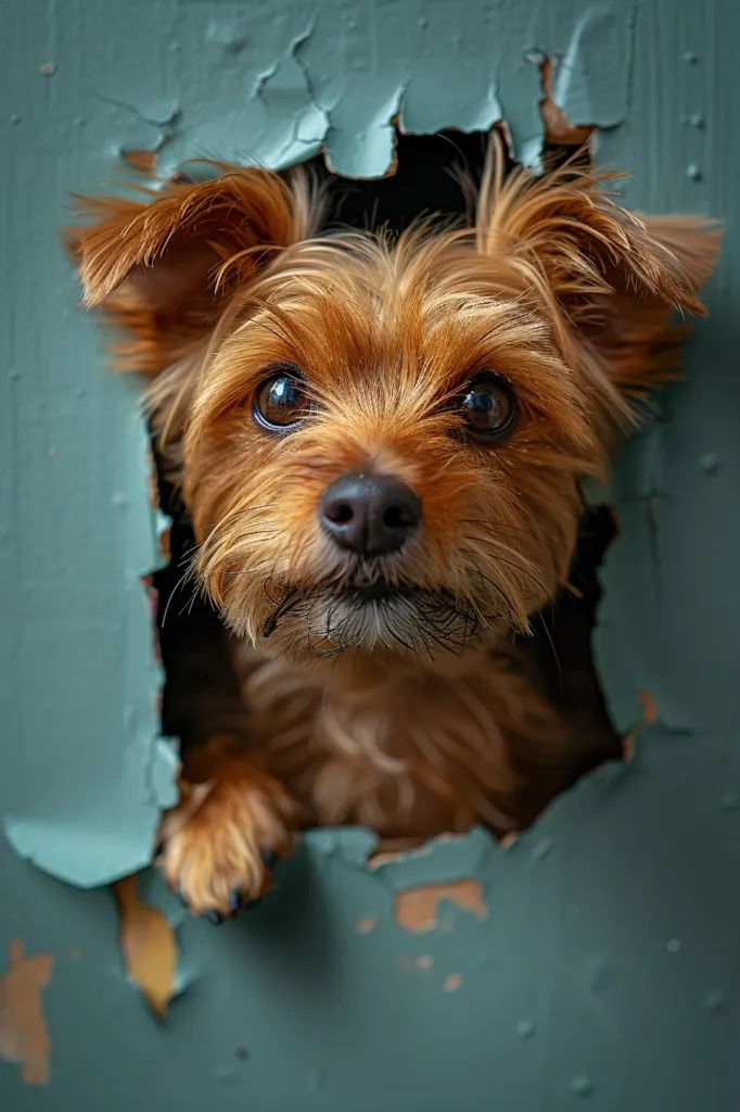 This is a photo of a small dog peeking through a hole in a wall. The dog has light brown fur and dark brown eyes. It is looking at the camera with a curious expression. The wall is painted a light blue color. The photo is taken from a close-up angle, which makes the dog appear larger than it actually is.