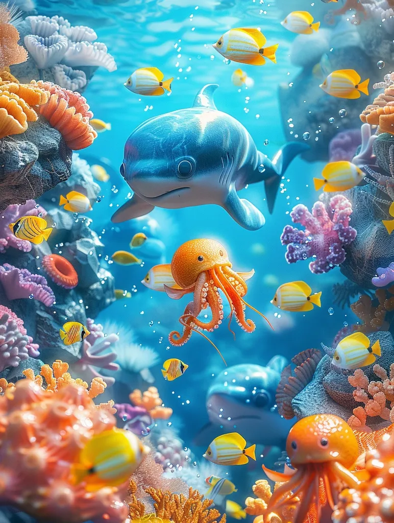 The image is of an underwater scene. There are many colorful fish, an octopus, and a shark. The shark is blue and white and is smiling. The octopus is orange and has big eyes. The fish are yellow, orange, and blue. They are all swimming around and look happy. The coral is pink, purple, and green. It is all different shapes and sizes. The water is blue and clear. There are bubbles rising up from the bottom of the ocean.