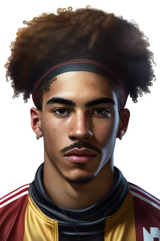 This is a digital painting of a young man with dark curly hair. He is wearing a red and yellow jacket and a black headband. He has a serious expression on his face. The background is white.