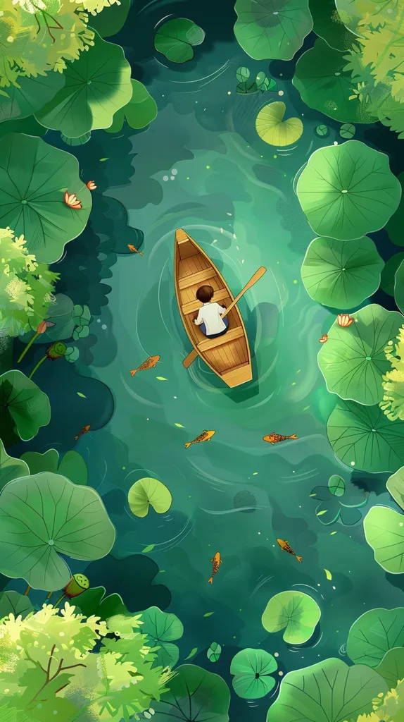 The image is a top view of a person rowing a boat in a pond. The pond is surrounded by lily pads and there are fish swimming in the water. The person is wearing a hat and a blue shirt and is using a paddle to row the boat. The water is a deep green color and the sky is light blue. The image is peaceful and relaxing.