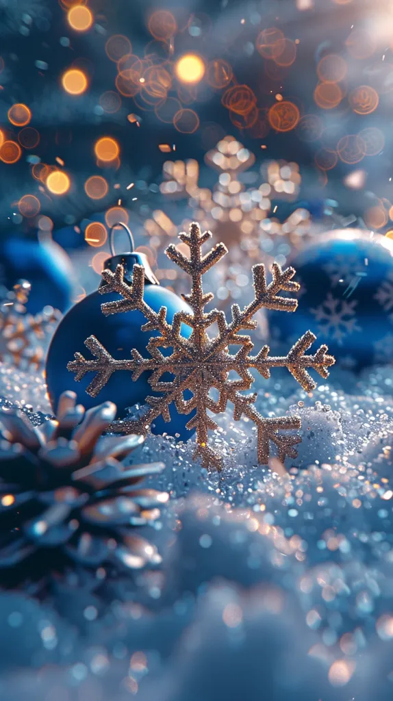 It is a picture with Christmas decoration. There are blue balls with silver snowflakes on them. There is also a big silver snowflake in the middle. There are pine cones and snow around the balls. The background is blurred with little round lights.