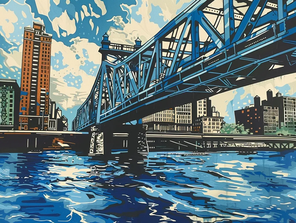 It is a painting of a bridge over a river. The bridge is blue and the river is a light blue. The sky is white and blue with some clouds. There are buildings on both sides of the river. The painting is in a realistic style.
