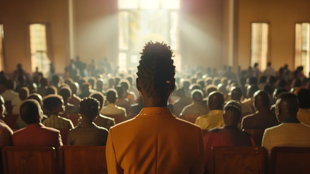 A young woman is sitting in a church, looking at the light coming through the window. She is wearing a yellow suit and has her hair in a bun. The church is full of people, all of whom are looking at her.