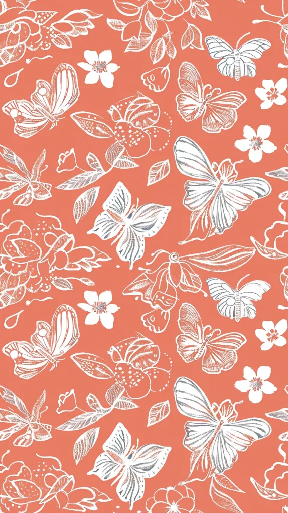 The image shows a pattern of butterflies and flowers. The butterflies are of different sizes and shapes, and they are all drawn in a white linework style. The flowers are also drawn in a white linework style, and they are mostly small and delicate. The background is a solid orange color.