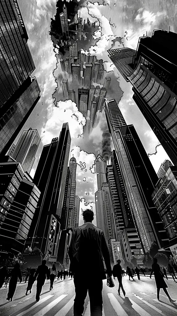 The image is in black and white. It shows a city with very tall buildings. The buildings are so tall that they seem to touch the sky. The sky is filled with clouds. There are people walking on the street. They are all wearing suits and they all look very busy. The image is very detailed and it seems very realistic.