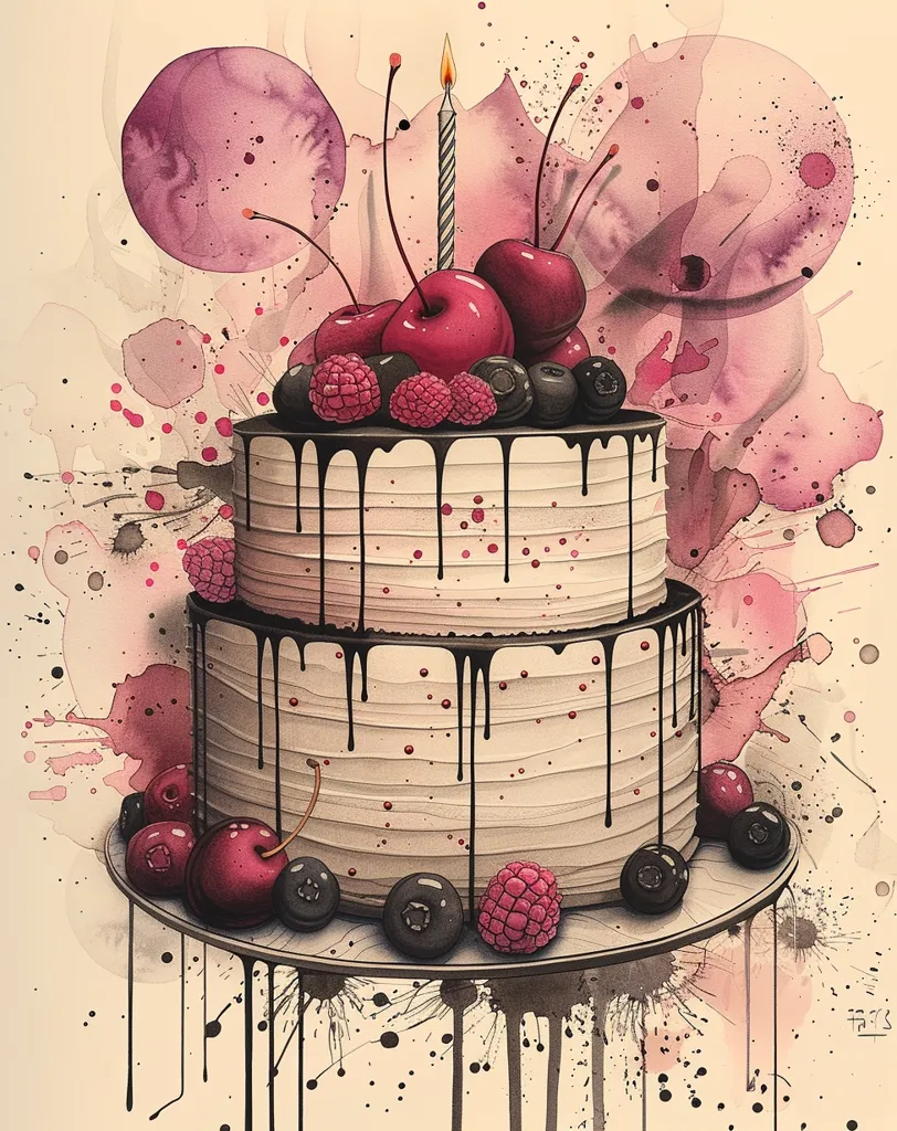 The image shows a watercolor painting of a two-tiered cake with a single candle on top. The cake is decorated with cherries, raspberries, and blueberries. The background is a light pink watercolor wash with dark pink paint splatters. The cake is sitting on a white plate on a white table. The painting is done in a loose, realistic style.