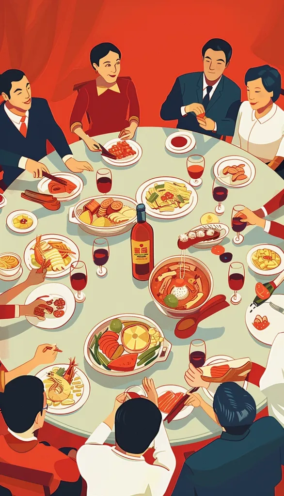A family is sitting around a table, eating a meal. There are many different dishes on the table. A bottle of wine is in the center of the table. The people are all smiling and talking. They are having a good time. The picture is in a cartoon style. The colors are bright and festive.