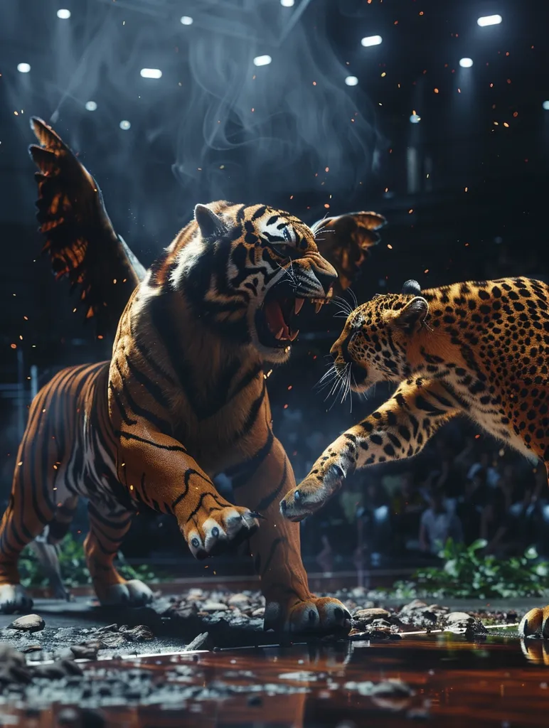 A tiger and a leopard are fighting in a colosseum. The tiger has its wings spread and is扑向 the leopard. The leopard is on the ground and is trying to defend itself. The colosseum is full of people who are watching the fight.