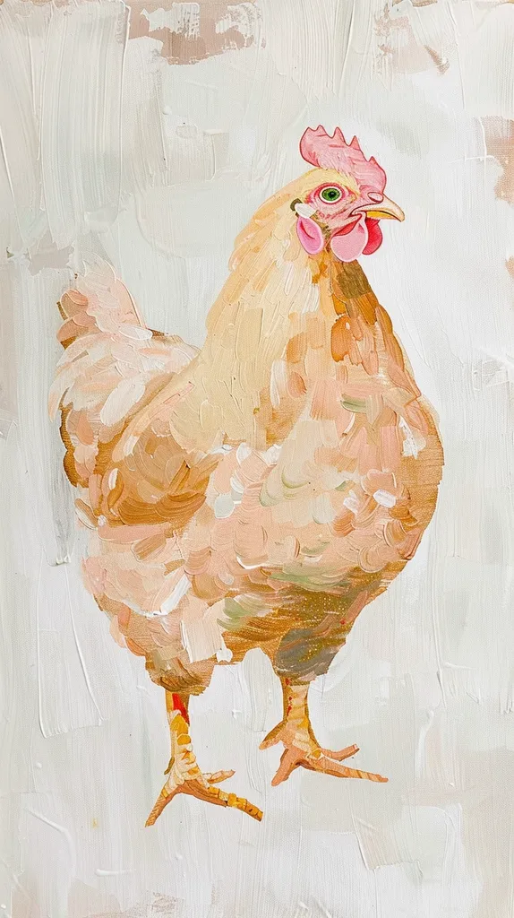 This painting depicts a chicken with its head turned to the viewer's right. The chicken has light brown feathers with some white feathers on its neck and a pink comb. The chicken's beak is open and its eyes are dark green. The background of the painting is a light cream color. The painting is done in a realistic style and the chicken is life-sized.
