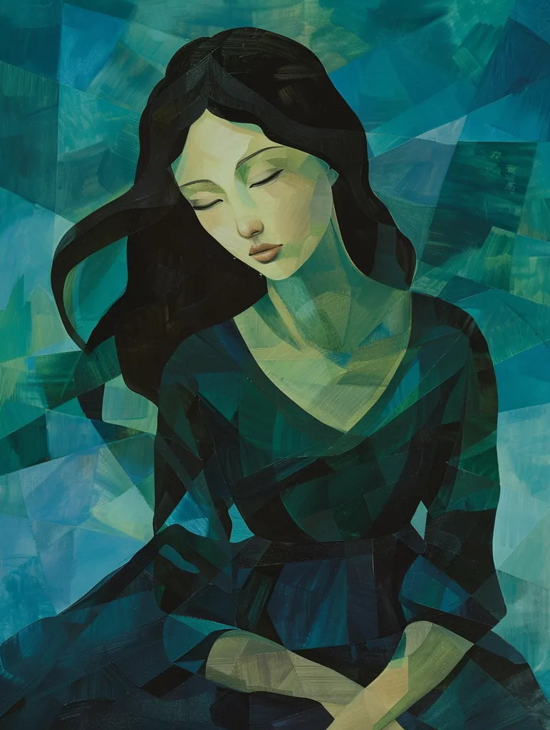 The painting is of a young woman with long black hair and green eyes. She is wearing a dark green dress with a white collar. The background is a light blue-green color. The woman is sitting with her eyes closed and her hands folded in her lap. She has a peaceful expression on her face. The painting is done in a realistic style and the colors are muted.