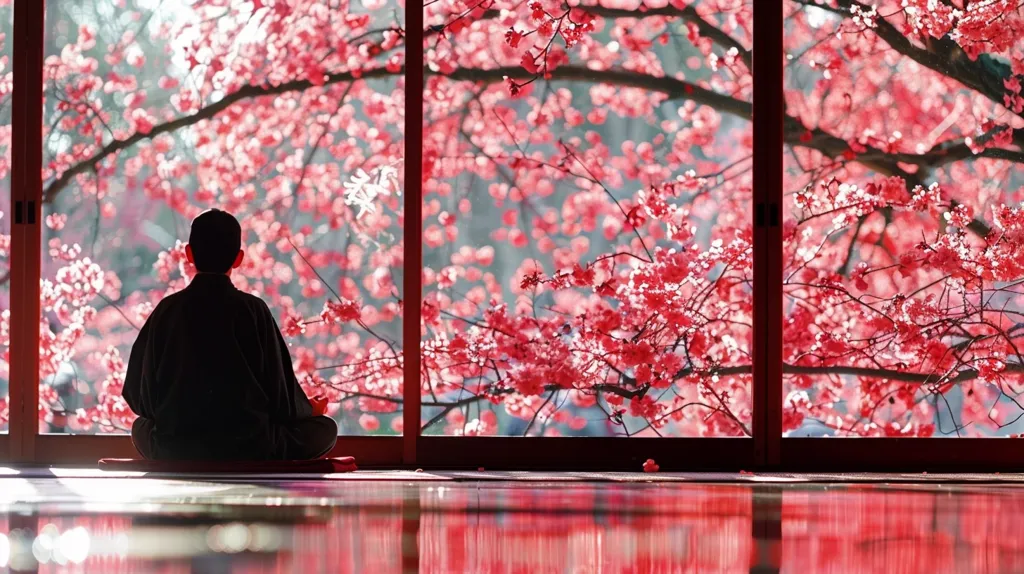 The image shows a person sitting in seiza style in front of a window. The window is framed with wooden bars, and outside the window is a cherry blossom tree in full bloom. The delicate pink and white blossoms are a beautiful sight, and the person in the image is perfectly still, as if enjoying the peace and beauty of the scene. The image is a moment of Zen, a moment of peace and tranquility.