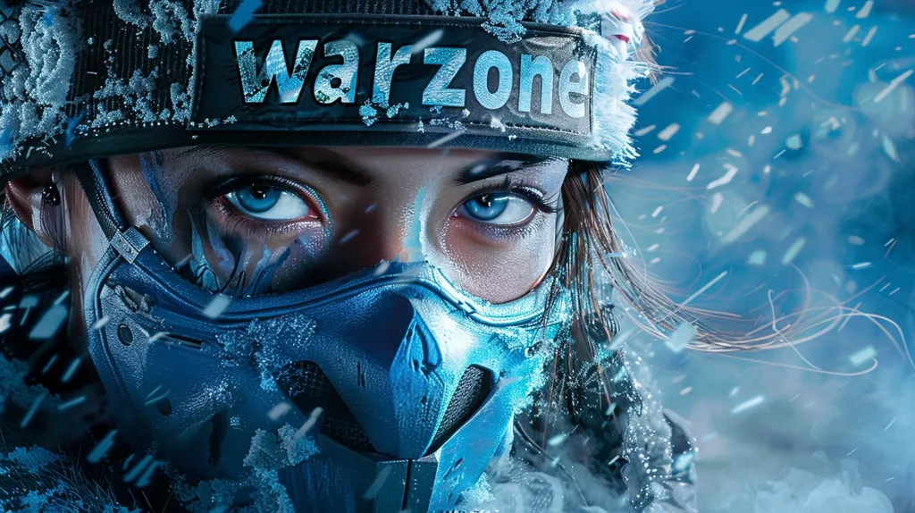 A young woman wearing a mask and a beanie with the word "Warzone" on it. The mask covers her nose and mouth, and her eyes are a piercing blue color. She is standing in a snowy environment, and the snowflakes are falling around her.