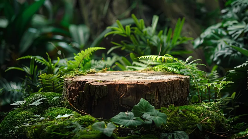 The image shows a tree stump in a lush green forest. The stump is old and weathered, and is covered in moss and ferns. The forest is dense and蔭鬱, and the light from the sun is barely visible. The only sound is the gentle trickle of a stream in the background. The image is both beautiful and serene, and it evokes a sense of peace and tranquility.