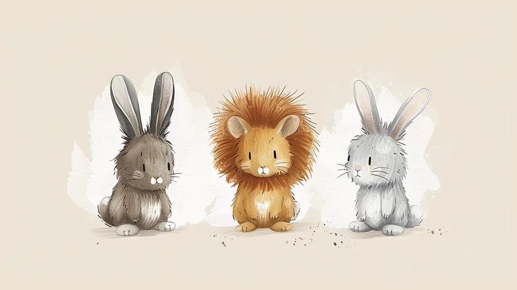 The image shows three cute animals sitting side by side. They are a lion, a rabbit, and a hare. The lion is in the middle, and he is the biggest of the three. He has a brown mane and a tail. The rabbit is on the left side of the lion, and he is the smallest of the three. He has long ears and a fluffy tail. The hare is on the right side of the lion, and he is the middle-sized of the three. He has long ears and a short tail. All three animals are sitting on a white background, and they are all looking at the viewer.