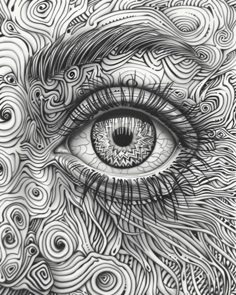 The image is a black and white drawing of an eye. The eye is drawn in great detail, with every lash and wrinkle visible. The iris is particularly striking, as it is filled with a complex pattern of spirals. The eye is set against a background of abstract shapes, which seem to be made up of lines and curves. The overall effect is one of great detail and complexity.