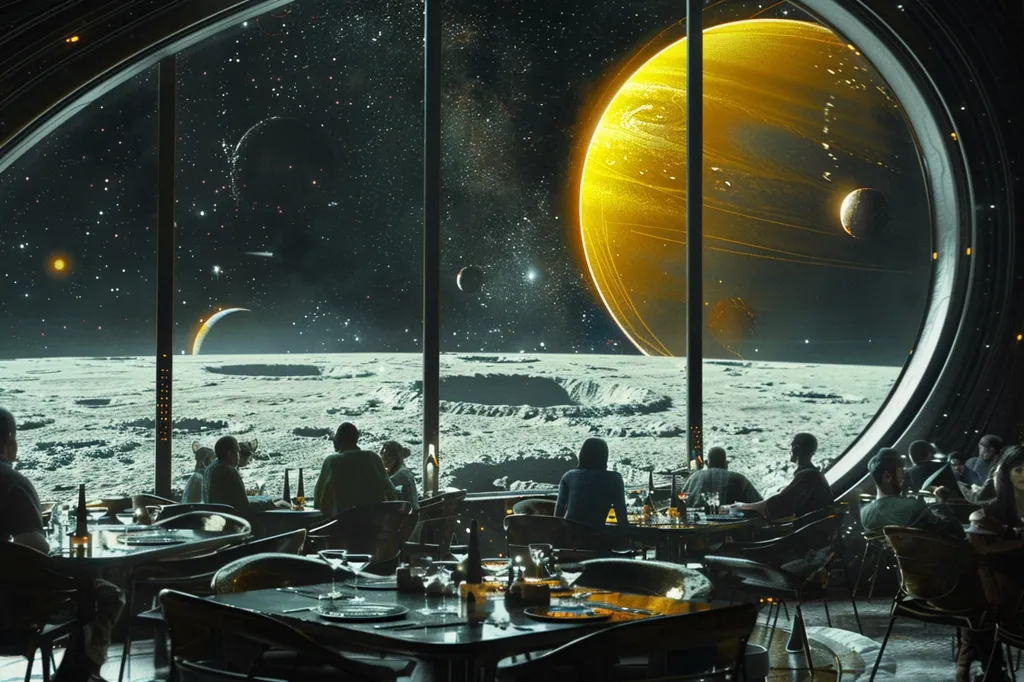 The image shows a restaurant on the moon. The restaurant is furnished with elegant furniture and has a large window that offers a view of the lunar surface and a distant planet. There are several people in the restaurant, all of whom are dressed in formal attire. They are all sitting at tables and appear to be enjoying their meals.