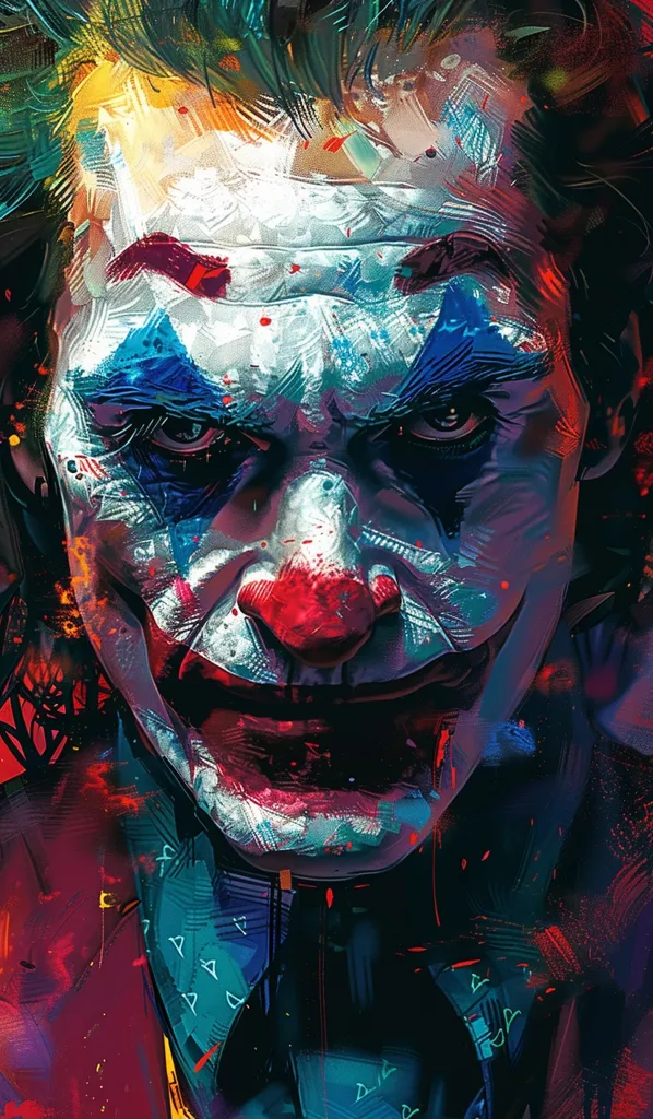 The image is a portrait of the Joker, a character from the Batman comic books. He is shown with a white face, red lips, and green hair. His eyes are dark and sinister. He is wearing a purple suit and a yellow tie. The background is a dark blue. The image is painted in a realistic style and the colors are vibrant and intense.