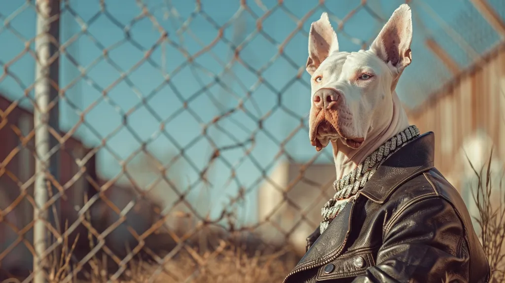 A white pit bull dog wearing a black leather jacket with a diamond chain is sitting in front of a chain link fence. The dog has its ears perked up and is looking to the side. The background is blurry.