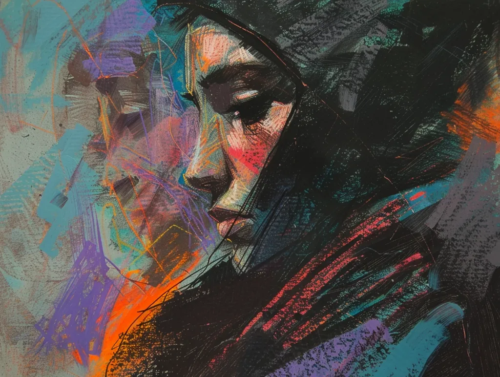 The painting is a portrait of a woman. She is looking down with her eyes closed. Her face is serene and peaceful. She is wearing a dark hijab. The background is a colorful abstract. The painting is done in a realistic style, but the colors are very vibrant and the brushstrokes are visible.