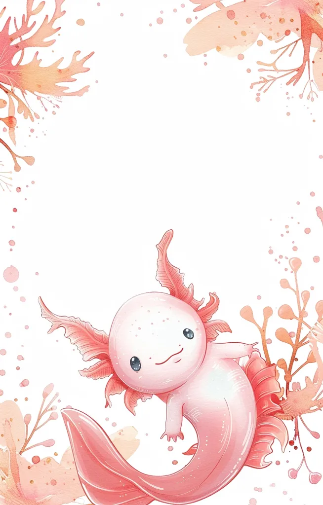 This is a watercolor painting of a cute axolotl. It has a light pink body and dark pink gills. It is smiling and has its arms and legs outstretched. It is surrounded by green and pink plants. The background is white.