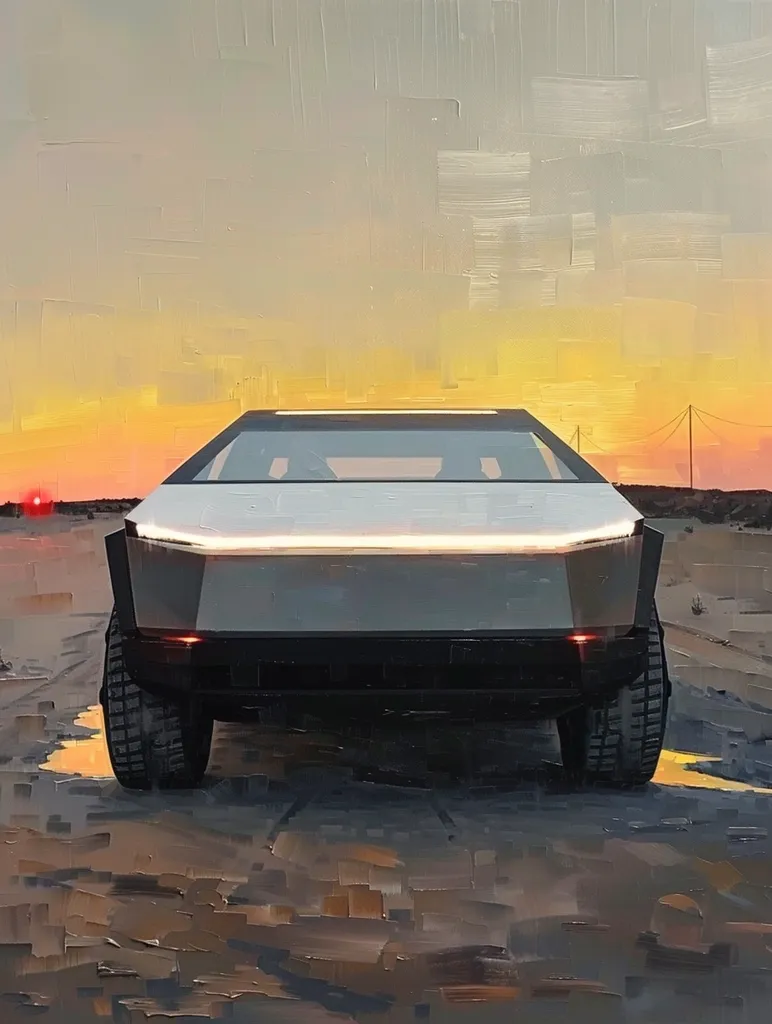 The image is a painting of a Tesla Cybertruck in a desert landscape. The truck is viewed from the back and is surrounded by sand. The sky is a gradient of orange and yellow. The Cybertruck is a futuristic-looking vehicle with a sharp, angular design. It is made of stainless steel and has a large, flat bed. The truck is also equipped with a number of advanced features, such as an all-electric powertrain and a self-driving system.