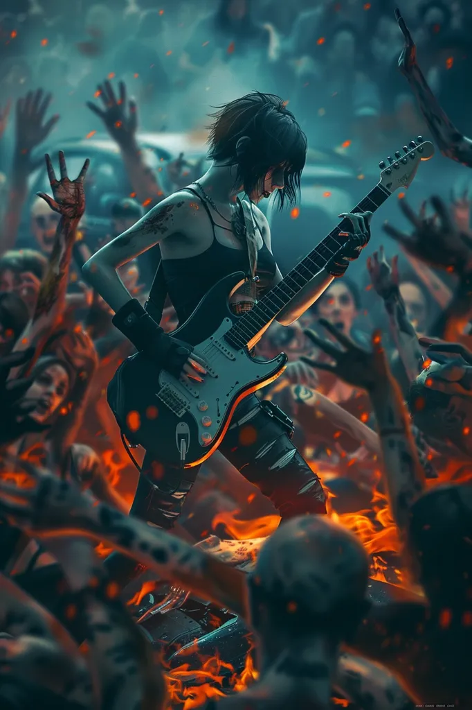 A young woman stands in the middle of a sea of zombies. She is playing an electric guitar, and the music is blasting out of the speakers. The zombies are all reaching for her, but she is not afraid. She is rocking out, and she is not going to let anything stop her.