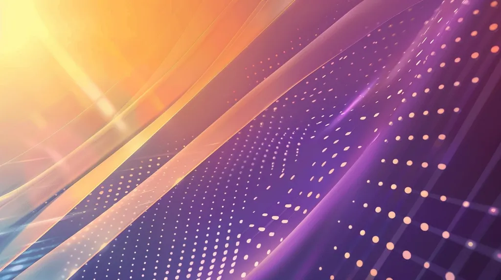 The image is a glowing, abstract background with a soft, radial gradient from orange to purple. There are a number of curved, semi-transparent white lines running diagonally across the image. There are also a number of small, white dots scattered randomly throughout the image.