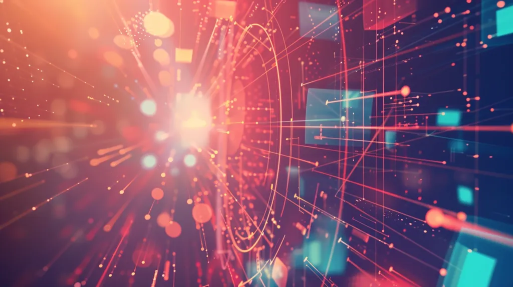 The image is a three-dimensional representation of a circuit board. The background is a bright orange color, and the circuit board is made up of a series of interconnected lines and shapes. The shapes are mostly squares and rectangles, and they are arranged in a grid-like pattern. The lines are mostly straight, and they connect the different shapes together. The circuit board is surrounded by a number of small, glowing dots. These dots are likely meant to represent electrons or other types of particles. The image is set at a slight angle, which gives it a sense of depth. The overall effect of the image is one of complexity and order.