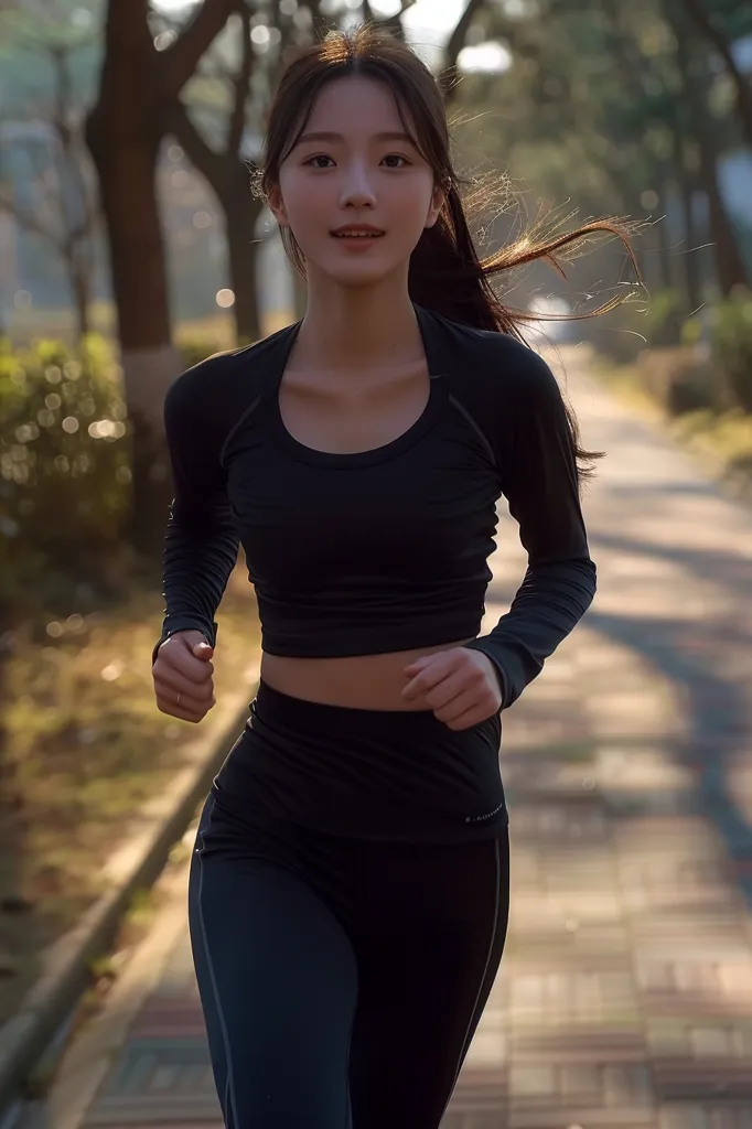 A young woman is running on a park trail. She is wearing a black long-sleeved crop top and black leggings. Her long dark hair is in a ponytail. She is smiling and looks happy and healthy.