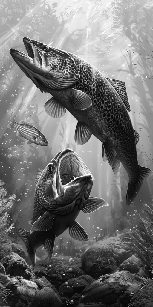 The image is in black and white. There are two fish. The fish are both large and have their mouths open. They are swimming towards each other. The background is a blur of water.