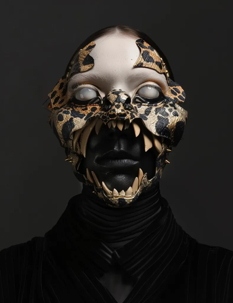The image is a portrait of a person wearing a black leather mask. The mask has a gold-colored animal skull design on it, with sharp teeth and eye sockets. The person's eyes are rolled back in their head and their mouth is slightly open. Their skin is pale and their hair is dark. The background is black.