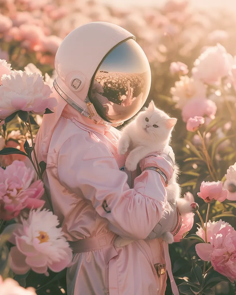 The image shows a person in a spacesuit holding a cat in a field of pink flowers. The person is wearing a white helmet with a reflective visor, a pink spacesuit, and white gloves. The cat is white and fluffy. The flowers are pink and in full bloom. The background is a blur of pink flowers. The image is taken from a low angle, making the person and the cat appear larger than life.