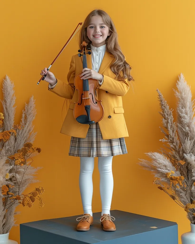 smiling Teenager student wearing school uniform and holding a violin standing on a dark blue podium, plain yellow background, low angle shot, Dramatic lighting, full body shot --ar 4:5 --v 6.0 --s 750