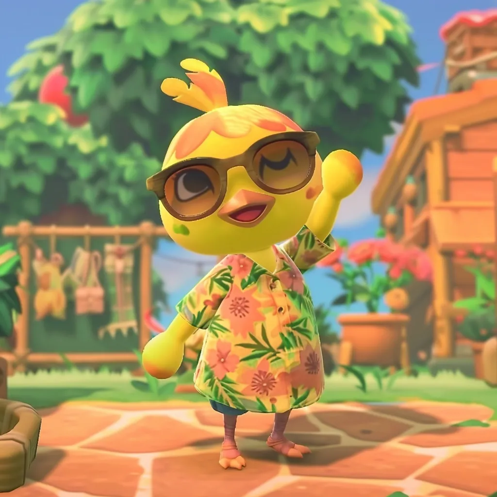 A yellow cartoon chicken with a beak and sunglasses is wearing a floral shirt and is waving with its right wing. It stands on a cobblestone path in front of a wooden house with green grass and a leafy tree in the background. The chicken is smiling.