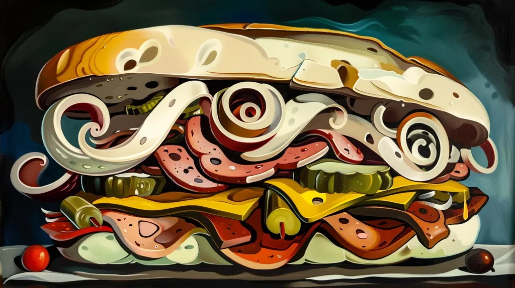 A large, intricately detailed sandwich with a variety of fillings, including meat, cheese, pickles, and lettuce. The image is painted in a vibrant, almost psychedelic style with swirling patterns and bold colors. The sandwich is resting on a white surface with a red tomato and a black olive nearby.  The composition is dynamic and eye-catching, suggesting a delicious but messy meal.