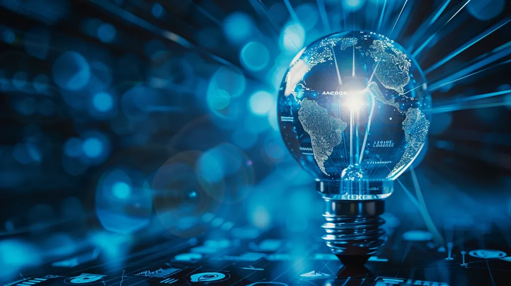 A light bulb with a glowing globe inside is the focus of the image. It is surrounded by a blue, futuristic background with a focus on connecting lines and dots. The image suggests a global connection, possibly representing an idea or innovation.