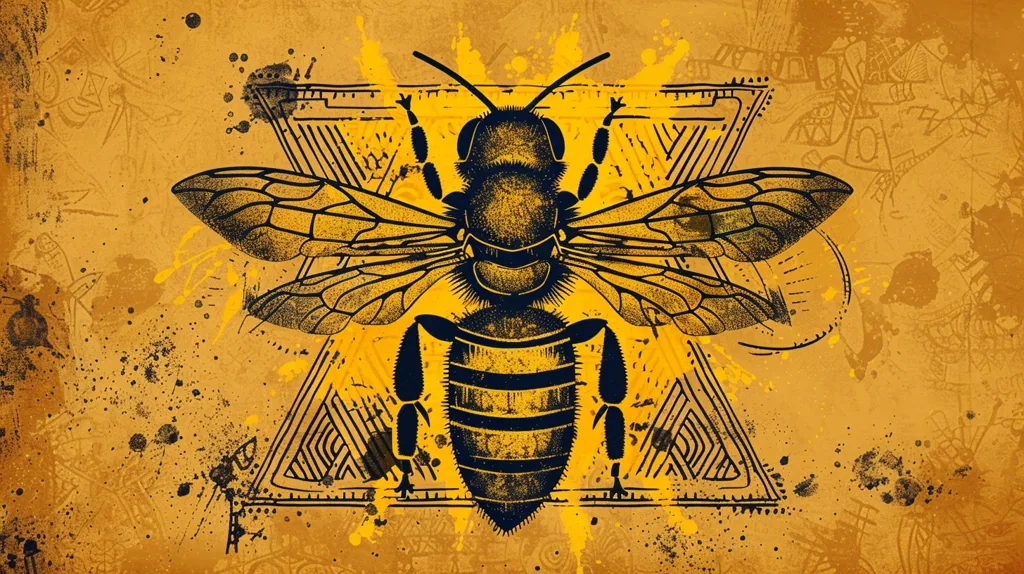 The image depicts a bee in a black and yellow colour scheme. It is rendered in a graphic style, with bold lines and stippling. The bee is positioned against a yellow background, with geometric patterns and splatters of paint. The overall effect is abstract and stylized, highlighting the bee's form and pattern. The artwork suggests a sense of energy and movement, perhaps symbolizing the bee's important role in nature.