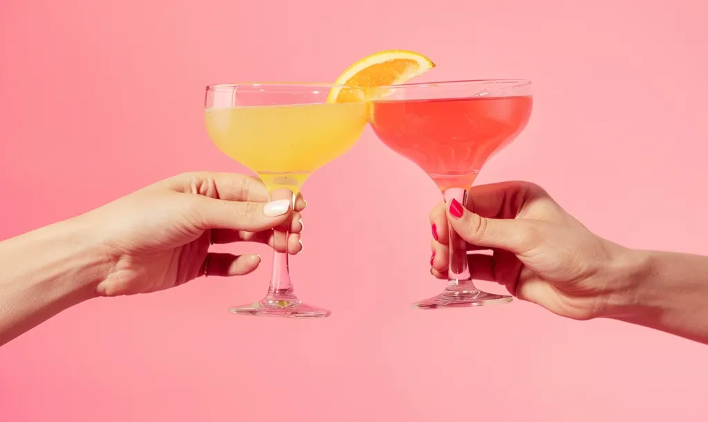 Two hands hold up glasses of yellow and pink cocktails, a slice of orange garnish peeks from the yellow drink. The pink background creates a bright and playful atmosphere, emphasizing the contrasting colors of the drinks. The scene captures a moment of celebration and enjoyment.